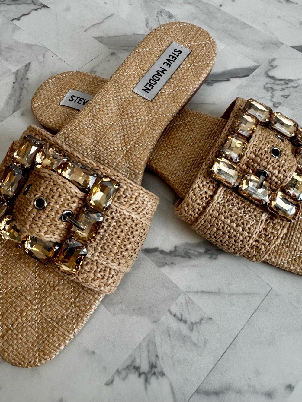 Steve Madden Braided Raffia Slide Sandals with Jeweled Buckle in Gold